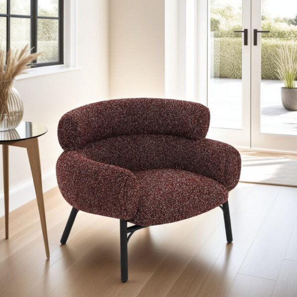 15022026699245eb01a57.jpeg Meru Sofa Chair, Curved Back Maroon Red Tweed Fabric, Black Metal Legs