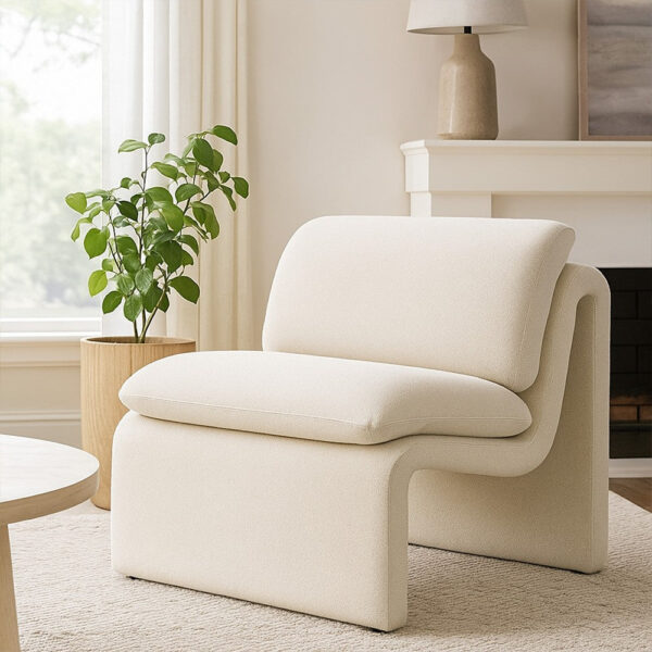 Kami Accent Chair, Curved Open Base, Armless Modern Ivory Boucle