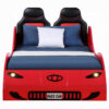 Corey Twin Size Red Car Bed, Wheel Trim, Built-In LED, Red Wood