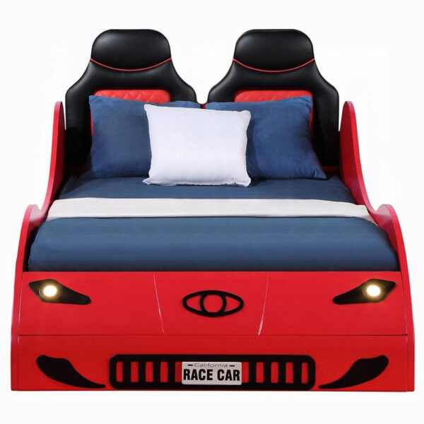 Corey Twin Size Red Car Bed, Wheel Trim, Built-In LED, Red Wood