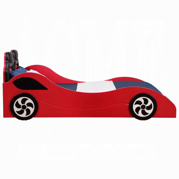 Corey Twin Size Red Car Bed, Wheel Trim, Built-In LED, Red Wood