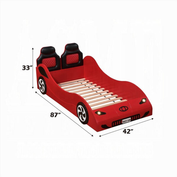 Corey Twin Size Red Car Bed, Wheel Trim, Built-In LED, Red Wood