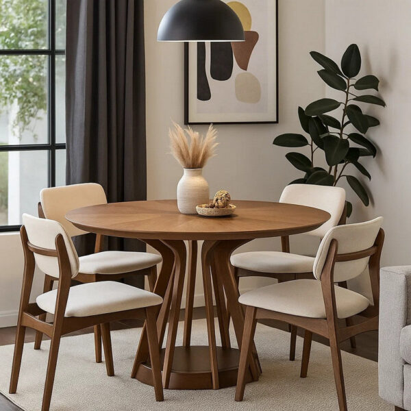 Koen Round Dining Table, Scandinavian Style, Walnut Brown Wood 47 Inch