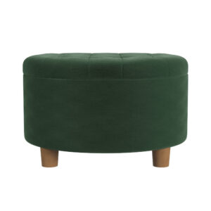 Jo Storage Ottoman, 28 Inch Round Tufted Lift Top, Olive Green Velvet