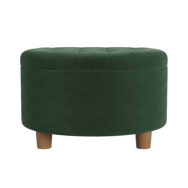 Jo Storage Ottoman, 28 Inch Round Tufted Lift Top, Olive Green Velvet