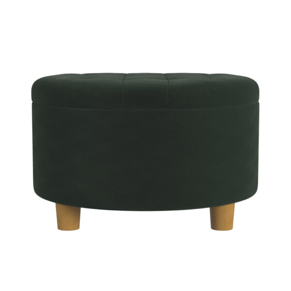 Jo Storage Ottoman, 28 Inch Round Tufted Lift Top, Olive Green Velvet
