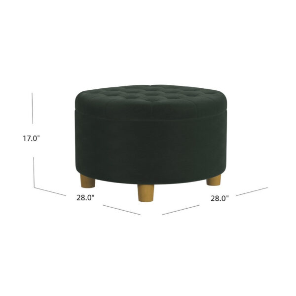 Jo Storage Ottoman, 28 Inch Round Tufted Lift Top, Olive Green Velvet
