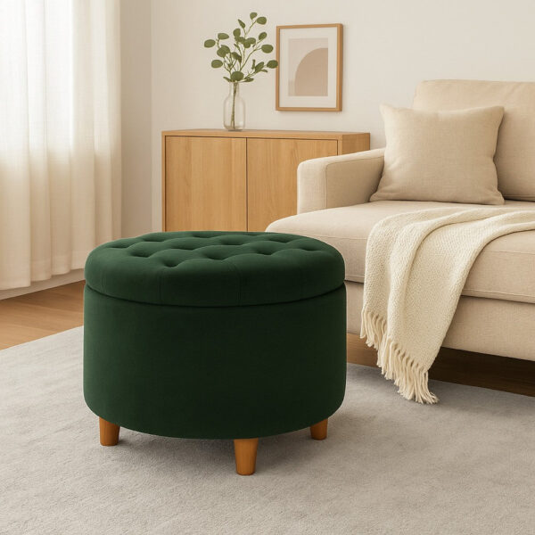 Jo Storage Ottoman, 28 Inch Round Tufted Lift Top, Olive Green Velvet