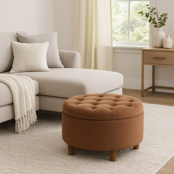 Jo Storage Ottoman, 28 Inch Round Tufted Lift Top, Spice Brown Velvet