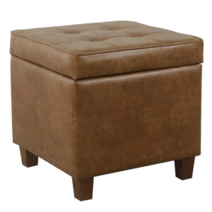 Hery Storage Ottoman, 18 Inch Square Tray Top, Brown Faux Leather