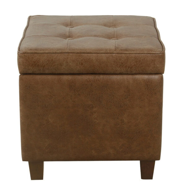 Hery Storage Ottoman, 18 Inch Square Tray Top, Brown Faux Leather