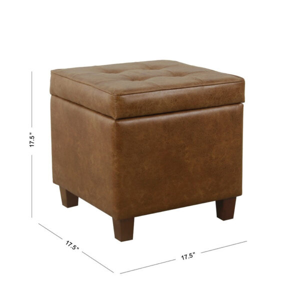 Hery Storage Ottoman, 18 Inch Square Tray Top, Brown Faux Leather