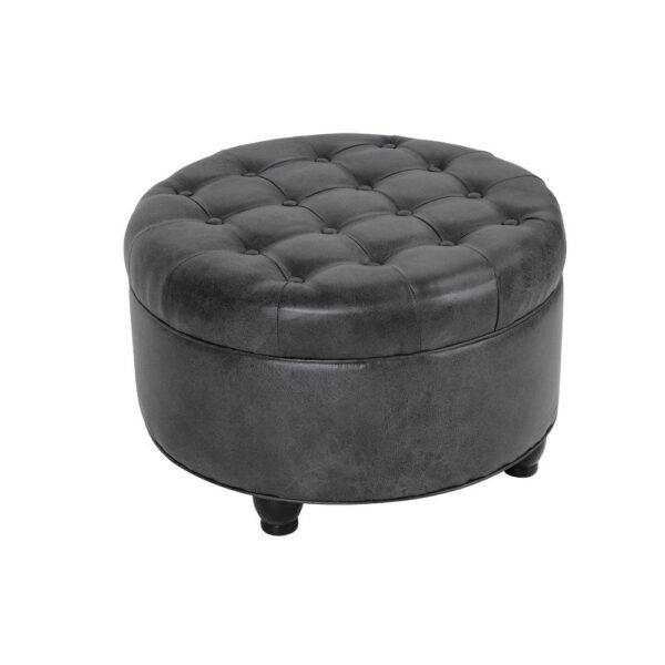 Gery Storage Ottoman, 25 Inch Round Tray Top, Dark Gray Faux Leather