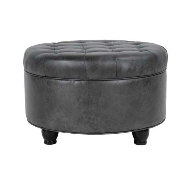 Gery Storage Ottoman, 25 Inch Round Tray Top, Dark Gray Faux Leather