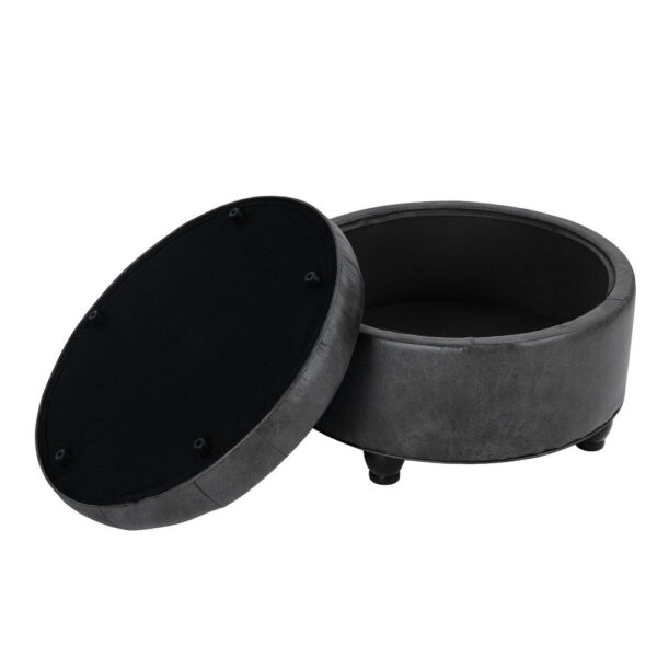 Gery Storage Ottoman, 25 Inch Round Tray Top, Dark Gray Faux Leather
