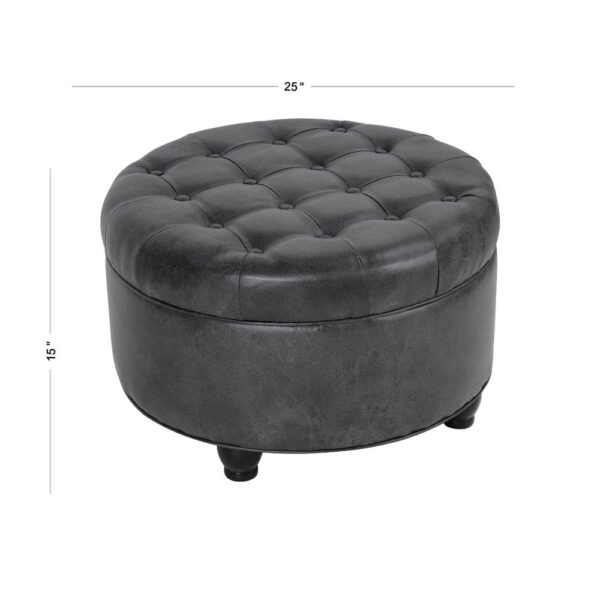 Gery Storage Ottoman, 25 Inch Round Tray Top, Dark Gray Faux Leather