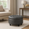 Gery Storage Ottoman, 25 Inch Round Tray Top, Dark Gray Faux Leather