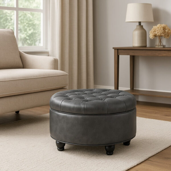 Gery Storage Ottoman, 25 Inch Round Tray Top, Dark Gray Faux Leather