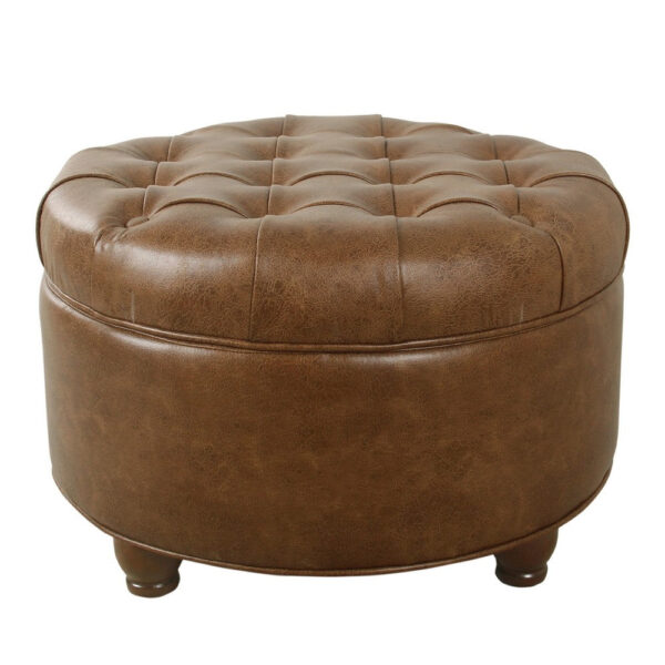 Gery Accent Storage Ottoman, 25 Inch Round Tray Top Brown Faux Leather