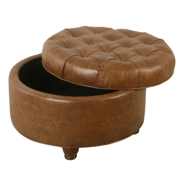 Gery Accent Storage Ottoman, 25 Inch Round Tray Top Brown Faux Leather