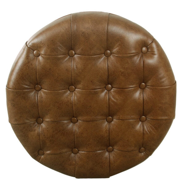 Gery Accent Storage Ottoman, 25 Inch Round Tray Top Brown Faux Leather