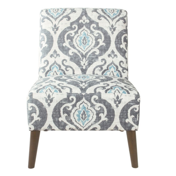 Armless Accent Chair, Vintage Medallion Print, Blue White Polyester