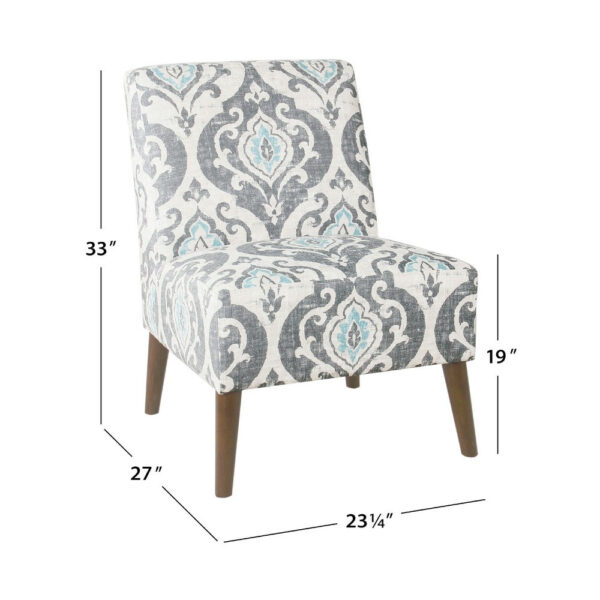 Armless Accent Chair, Vintage Medallion Print, Blue White Polyester