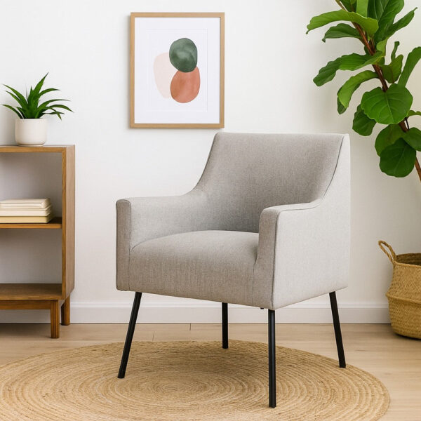 Sune Accent Chair, Light Gray Polyester and Matte Black Metal Legs