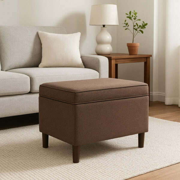 Fero Storage Ottoman, 24 Inch Rectangular Hinged Lid, Brown Fabric