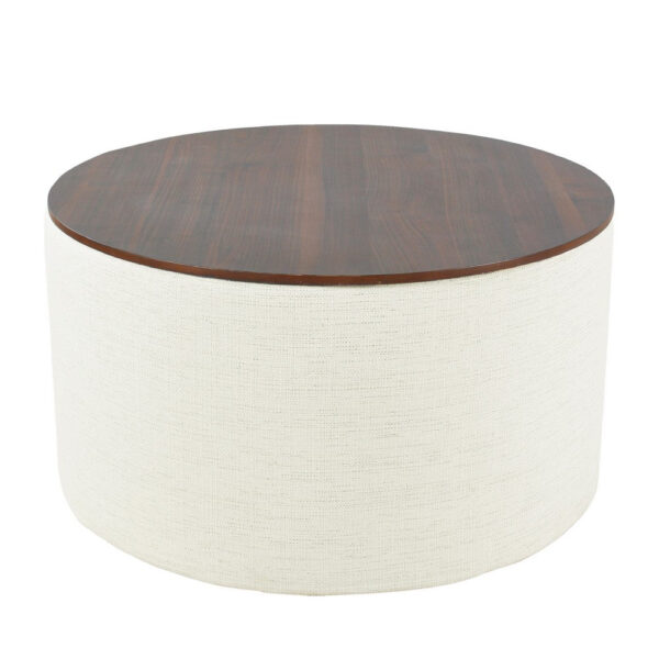 Mesy Storage Ottoman, 30 Inch Round Lift Tray Top, Ivory Woven Fabric
