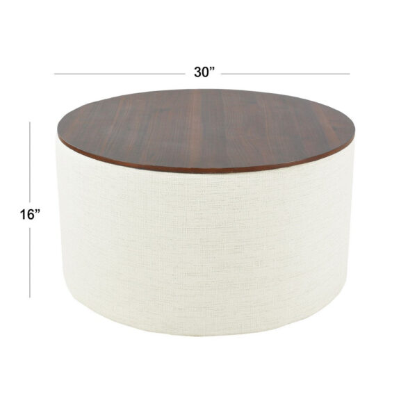 Mesy Storage Ottoman, 30 Inch Round Lift Tray Top, Ivory Woven Fabric