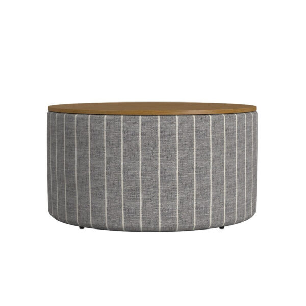 Jena Storage Ottoman, 30 Inch Round Lift Tray Top, Gray Pinstripe
