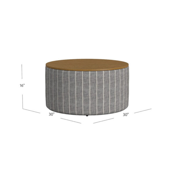 Jena Storage Ottoman, 30 Inch Round Lift Tray Top, Gray Pinstripe
