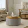 Jena Storage Ottoman, 30 Inch Round Lift Tray Top, Gray Pinstripe