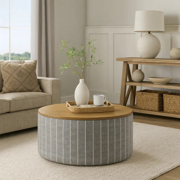 Jena Storage Ottoman, 30 Inch Round Lift Tray Top, Gray Pinstripe