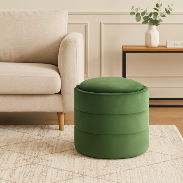 150220266992497937ec8.jpeg Pero Storage Ottoman, 18 Inch Round Removable Lid, Rich Green Velvet