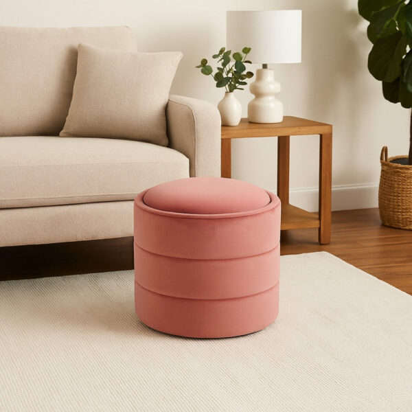 150220266992498475711.jpeg Pero Storage Ottoman, 18 Inch Round Removable Lid, Blush Pink Velvet