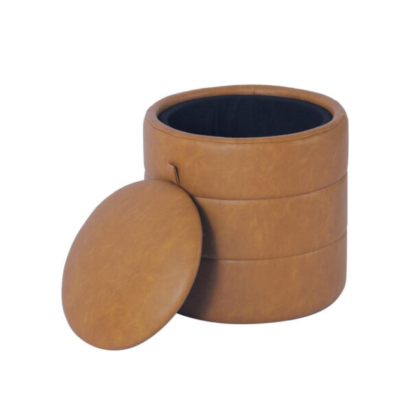 150220266992499e095cf.jpeg Pero Storage Ottoman, 18 Inch Round Removable Lid, Brown Faux Leather