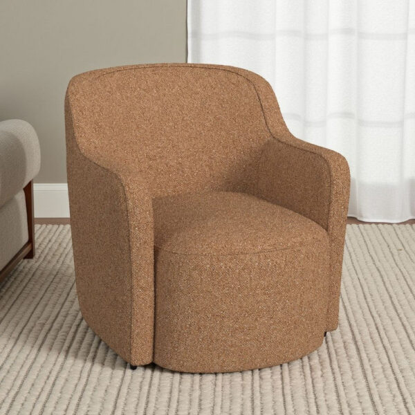 Kopi Swivel Accent Club Chair, Light Tan Brown Boucle, Curved Backrest