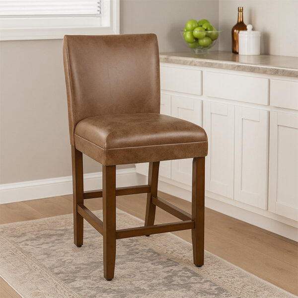 24 Inch Counter Stool Chair, Brown Wood Frame, Faux Leather Seat
