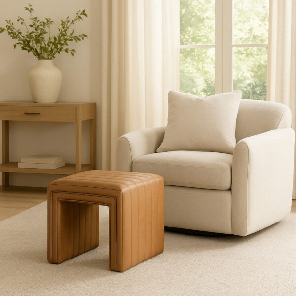 1502202669924a372d716.jpeg Ada Footstool Ottoman, Channel Tuft Caramel Brown Faux Leather 19 Inch