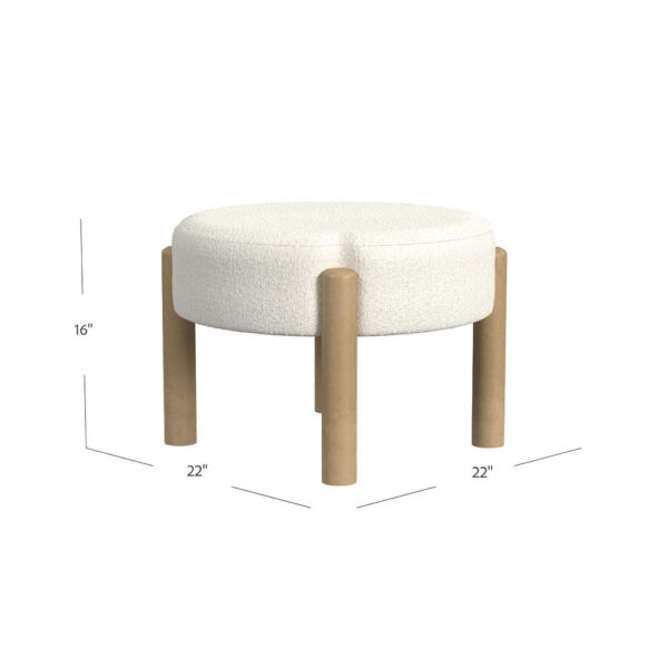 Eli 22 Inch Ottoman Footstool, Cream Boucle and Natural Brown Hardwood