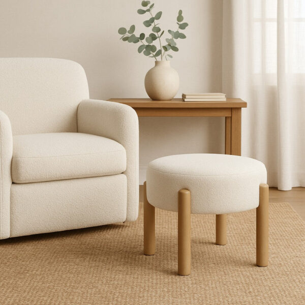 Eli 22 Inch Ottoman Footstool, Cream Boucle and Natural Brown Hardwood
