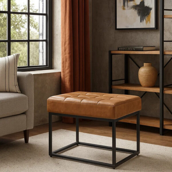 1502202669924a9284477.jpeg Kai Ottoman Footstool, Carmel Brown Faux Leather, Black Metal, 22 Inch