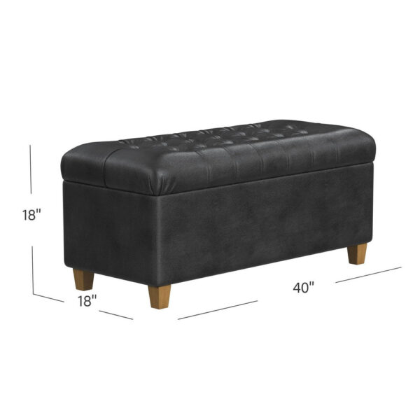 Bea Storage Ottoman Bench with Tufted Black Faux Leather, 40 Inch
