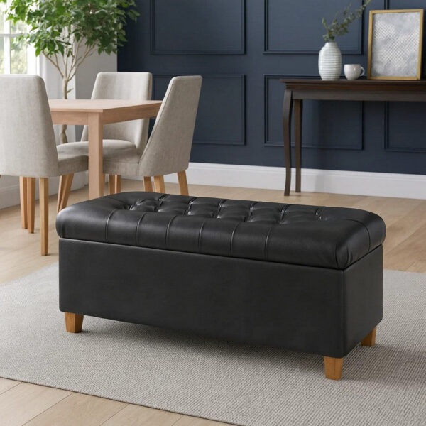 Bea Storage Ottoman Bench with Tufted Black Faux Leather, 40 Inch