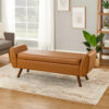 Rae Storage Bench Ottoman with Arms, Brown Faux Leather, Wood, 60 Inch