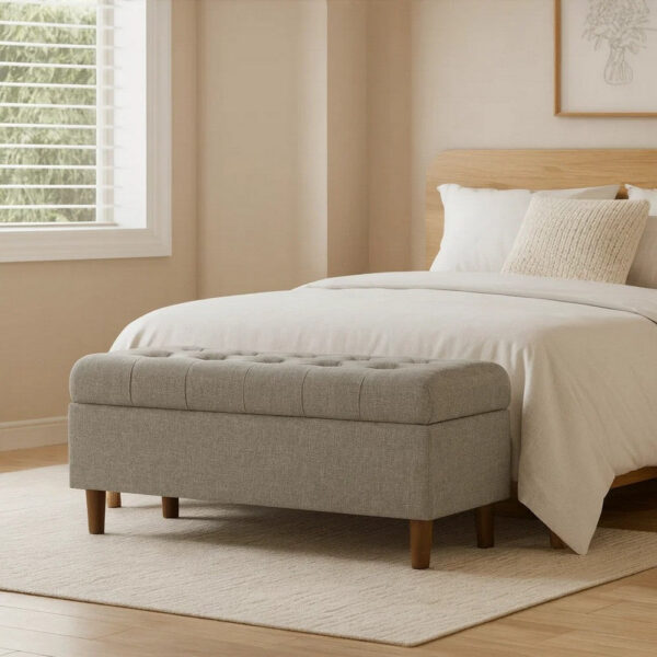 Sol Storage Bench Ottoman, Gray Woven Fabric, Brown Wood, 40 Inch