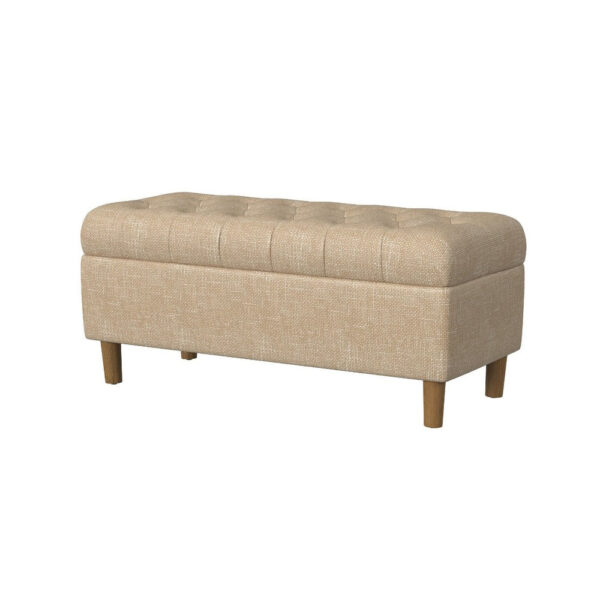 Sol Storage Bench Ottoman, Light Tan Woven Fabric, Brown Wood, 40 Inch