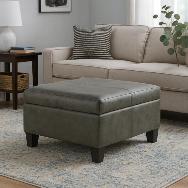 Leo Square Storage Ottoman with Plush Gray Faux Leather, 28 Inch